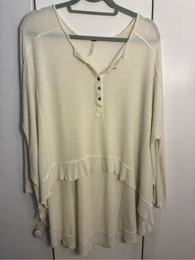 Free People  Lyrical Tunic Cream Cotton Flowy  Waffle Henley Top XS Fairy Grunge